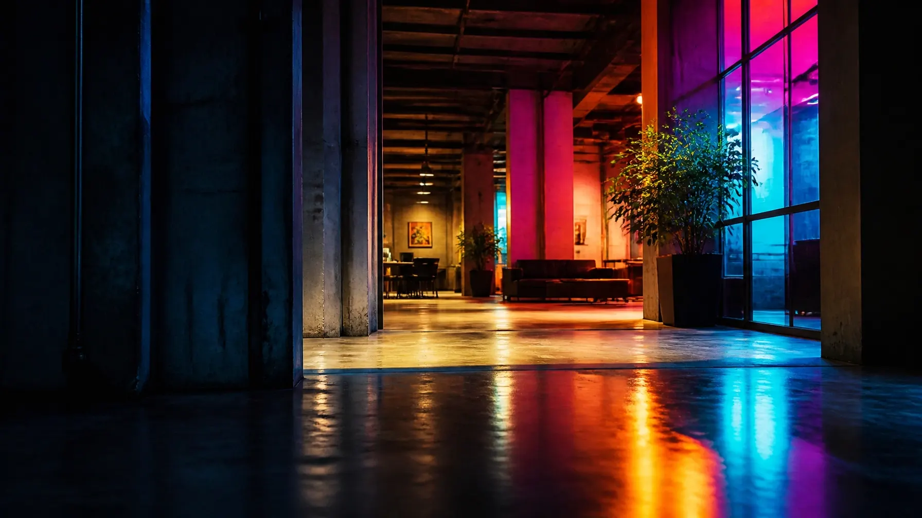 A dark community space opening into warm, colourful light